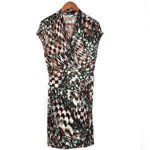 Maggy Printed Stretch V-Neck Short Sleeve Faux Wrap Dress Brown Teal Siz…